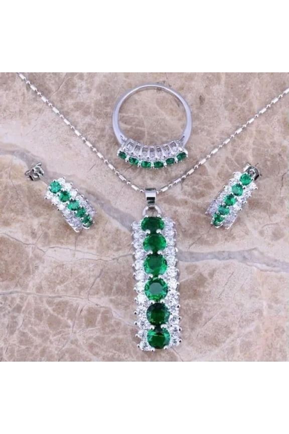 Lady 925 Silver Emerald Amethyst Ruby Pendant Necklace+Earrings+Ring Jewelry Set-emerald-9