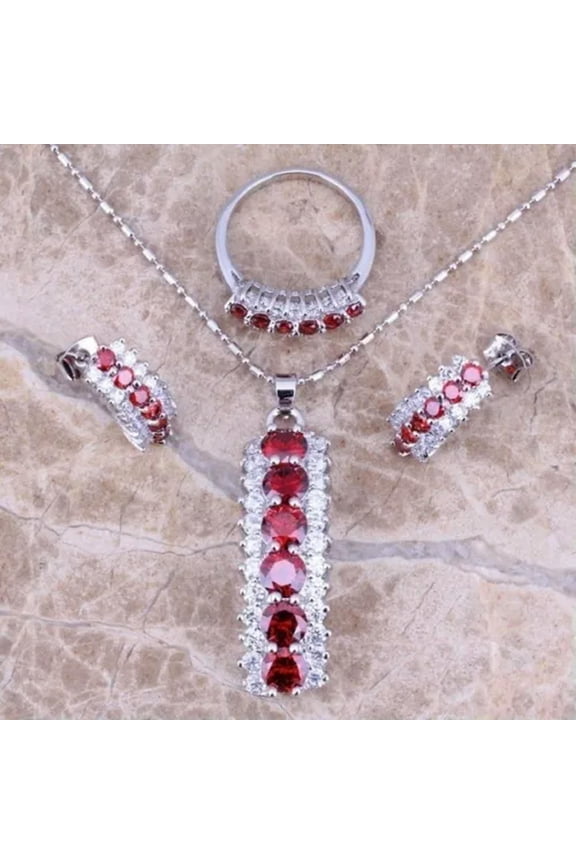 Lady 925 Silver Emerald Amethyst Ruby Pendant Necklace+Earrings+Ring Jewelry Set-ruby-7