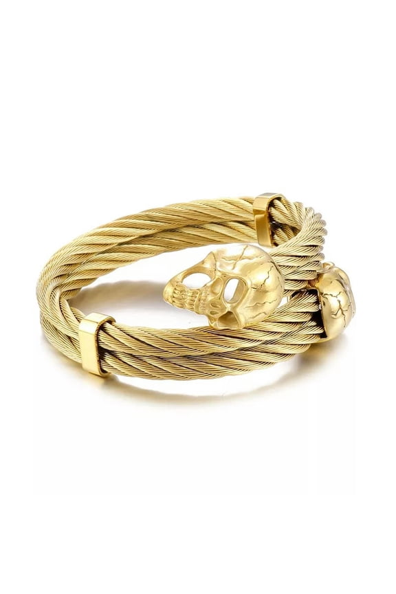 Large Double Skull Cuff Bangle Wire Chain Bracelet Stainless Steel Jewelry Gold