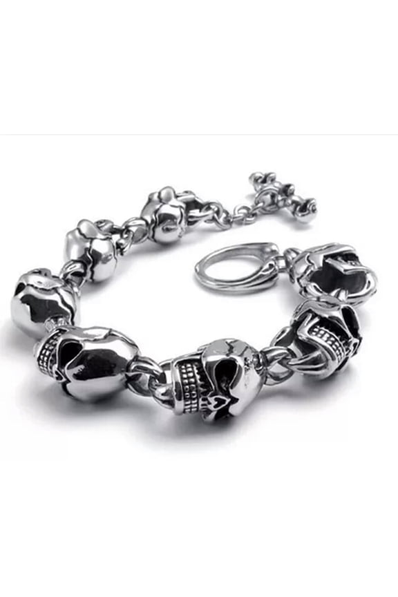 Large Heavy Stainless Steel Gothic Skull Biker Men's Bracelet Black Silver Tone