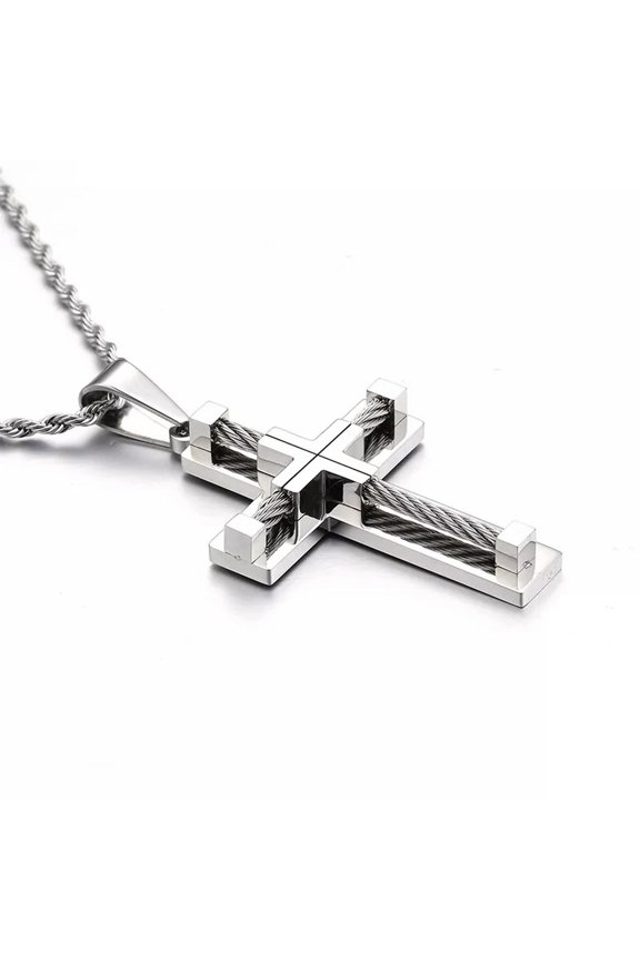 Large Religious Silver Stainless steel cable wire cross Pendant Men's Necklace