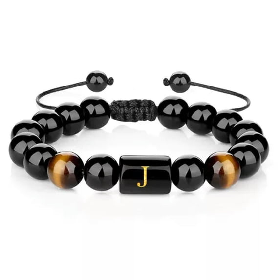 HOOUN Letter Bracelet 10 mm Natural Black Onyx Bracelet Tiger Eye Bracelet Men Women-J