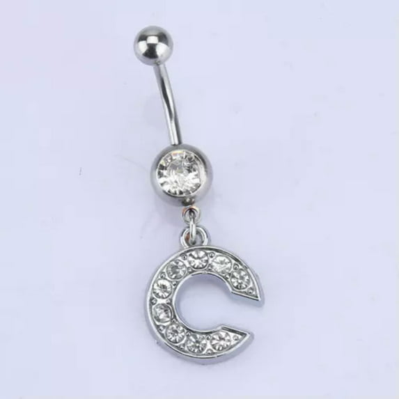 HOOUN Letters A-Z Charming Body Piercing Crystal Rhinestone Navel Belly Button Ring-C