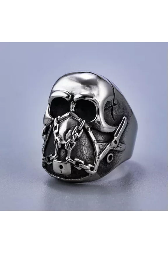 Locked Chain Mask Skull Men's Biker Heavy Ring Stainless Steel Gothic Punk Ring-7