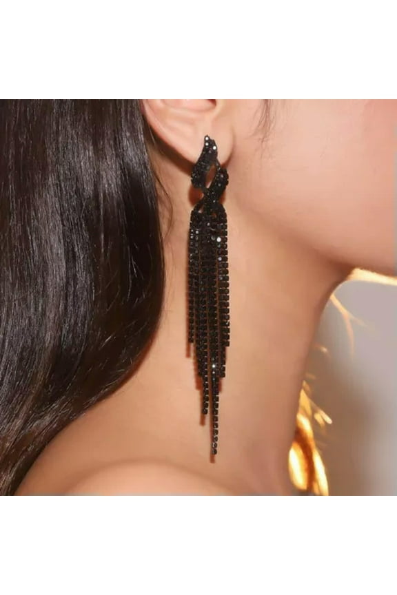 Long Black Dangle Drop Rhinestone Earrings Prom Wedding Pageant Holiday Party