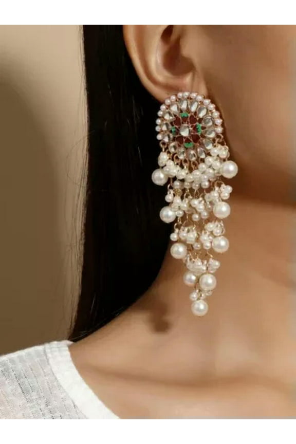 Long Pearl Chandelier Stud Earrings Tassel Fringe Drop Dangle White Pearls New