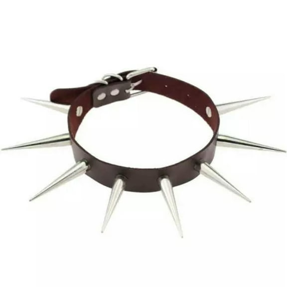 HOOUN Long Spike Choker Punk Faux Leather Collar Big Rivets Necklace Accessor-lq_-Coffee