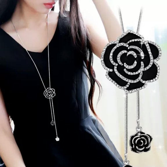 HOOUN Long Statement Sweater Gold Silver Rose Flower Fashion Necklace Bridal Gift-Silver