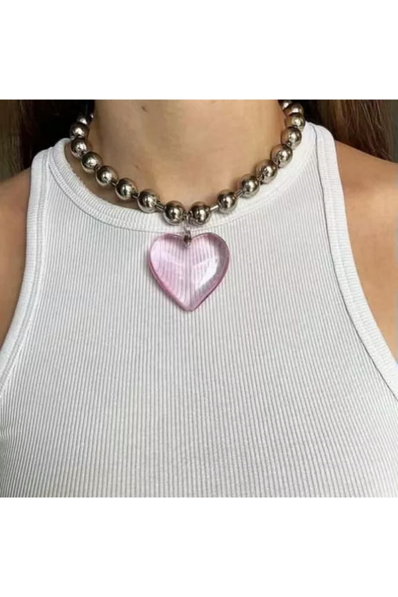 Fashion Love Heart Necklace Big Glass Heart Pendant Necklace Choker Neck Chain-Pink