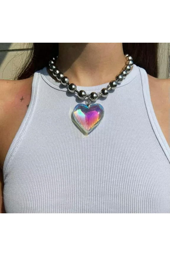 Love Heart Necklace Big Glass Heart Pendant Chain Beaded Choker Neck Jewelry-Rainbow