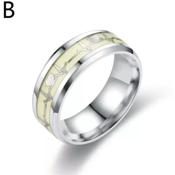 HOOUN Luminous Heart Ring Glowing In The Dark Women Men Stainless Steel Jewelry Rings-Silver-12