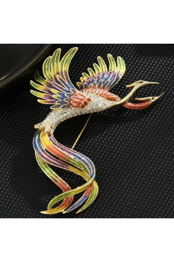 Luxurious Woman's Phoenix Bird Crystal Gold Tone Enamel Brooch Pin Corsage Gifts