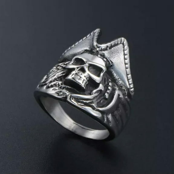HOOUN MEN'S PIRATE HAT SKULL RING STAINLESS STEEL CAPTAIN PIRATE SKULL RING BIKER PUNK-11