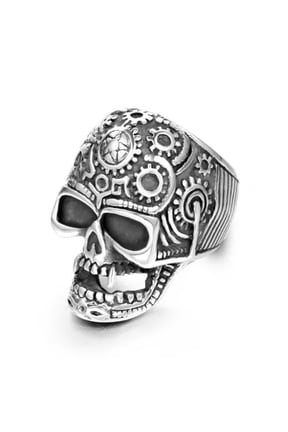 MEN'S STEAM PUNK GEAR SKULL RING STAINLESS STEEL TUSKS VAMPIRE SKULL STAR RING-7