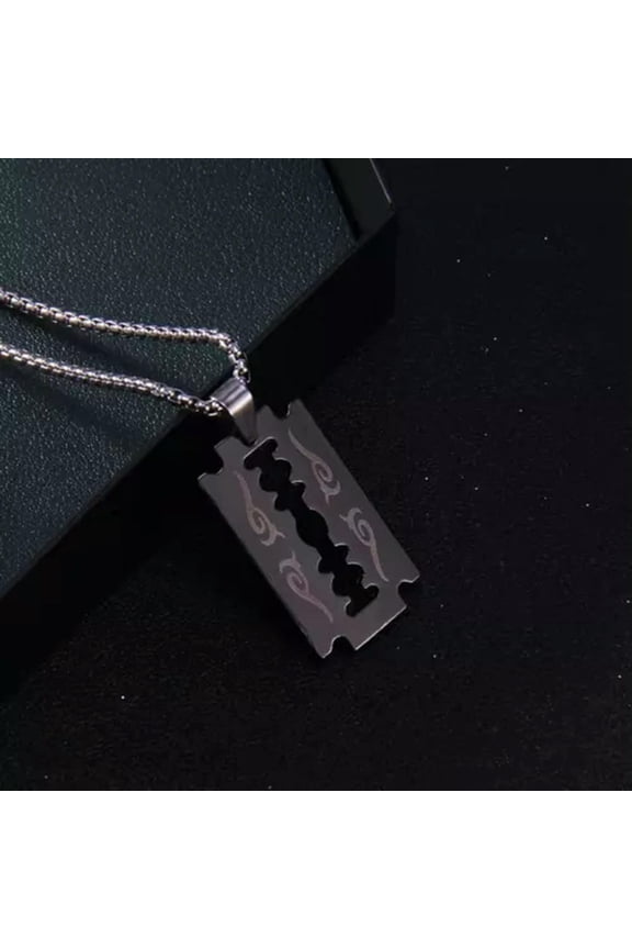 MEN Stainless Steel Creative 3D Hollow Flame Razor Blade Pendant Necklace 0212-Black