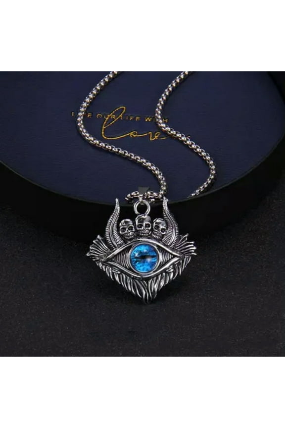 MEN Stainless Steel Creative Skull Demon Evil Eye Pendant Chain Necklace 0203-Blue