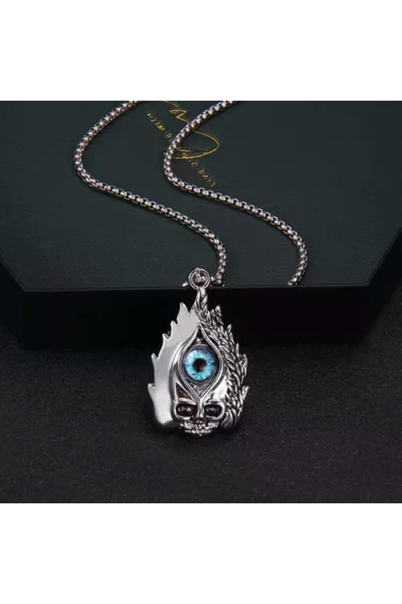 MEN Stainless Steel Flame Skull Demon Evil Eye Pendant Necklace 27" Chain 0201-4
