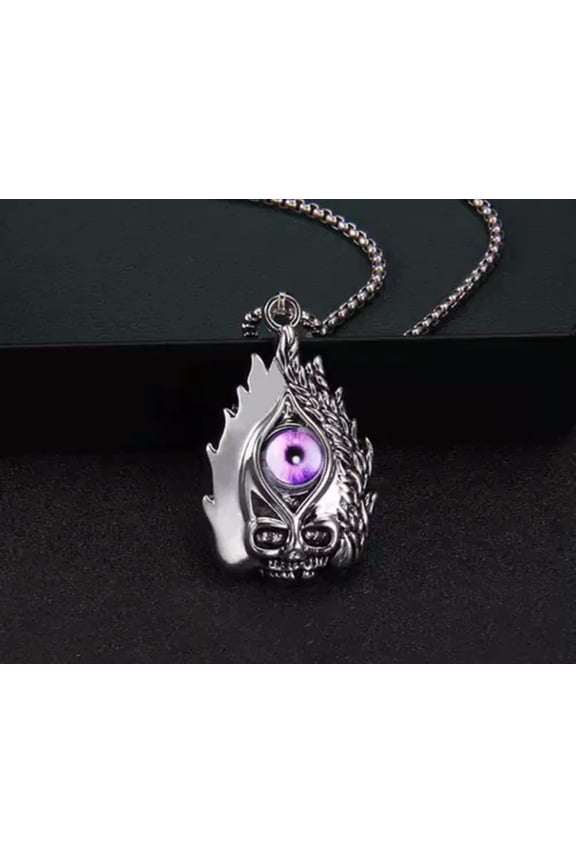 MEN Stainless Steel Flame Skull Demon Evil Eye Pendant Necklace 27" Chain 0201-6