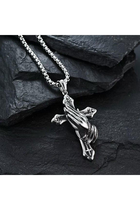 MEN Stainless Steel Retro Punk 3D Cross Hand Jesus Pendant Necklace 2048