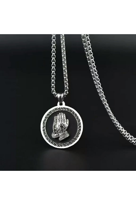 Men Black CZ Praying Hands Pendant Religious Necklace Stainless Steel Chain 24"