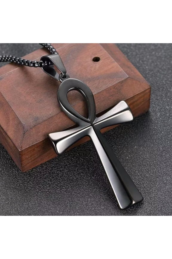 Men Black Egypt Ankh Cross Pendant Punk Rock Necklace Stainless Steel Chain 24"