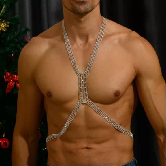 HOOUN Men Chest Rhinestone Outline square Waist Hip hop Club Show Body chain 15021-One size-Silver