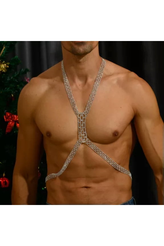 Men Chest Rhinestone Outline square Waist Hip hop Club Show Body chain 15021-One size-Silver
