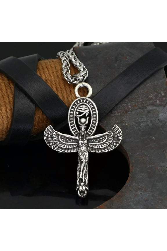 Men Egyptian Silver Isis Goddess Ankh Cross w. Eye of Horus Pendant Necklace 24"