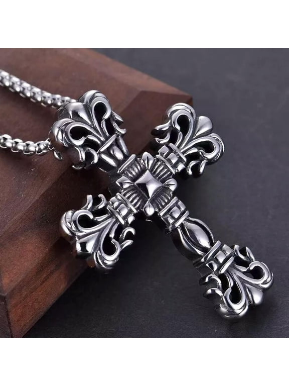 Men Large Gothic Cross Pendant Necklace Punk Rock Biker Jewelry Silver Chain 24"