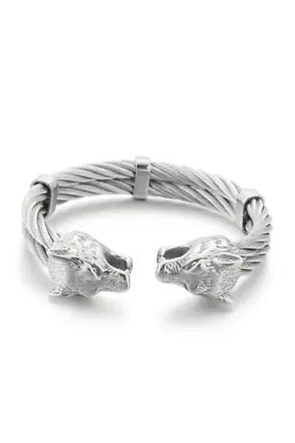 Men Lion/ wolf Cuff Bangle Bracelet Cable Wire Bangle Stainless Steel Jewelry-silver wolf