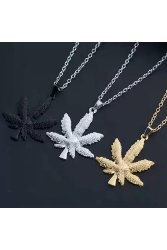 Men Retro Stainless Steel Simple Cannabis Marijuana Leaf Pendant Necklace 0349-Black