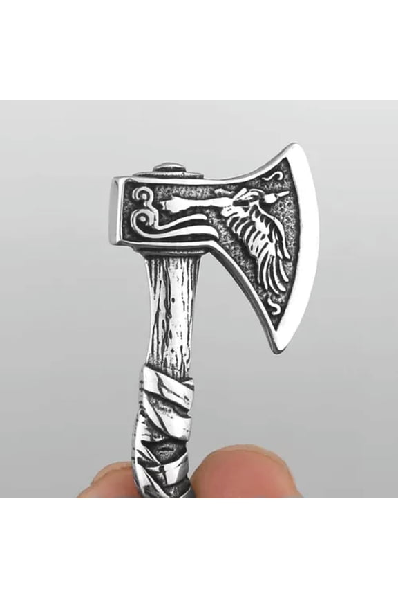 Men Silver Ankh Cross / Viking Odin Anchor / North Star Compass Pendant Necklace-Style 3- Viking Axe