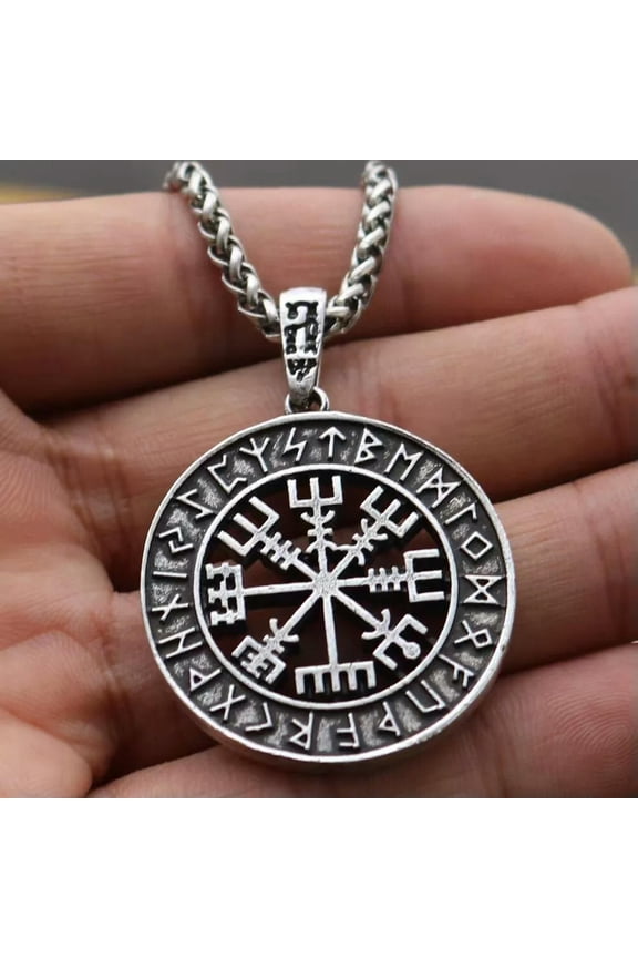 Men Silver Norse Viking Rune Vegvisir Compass Pendant Necklace Braided Chain 24"