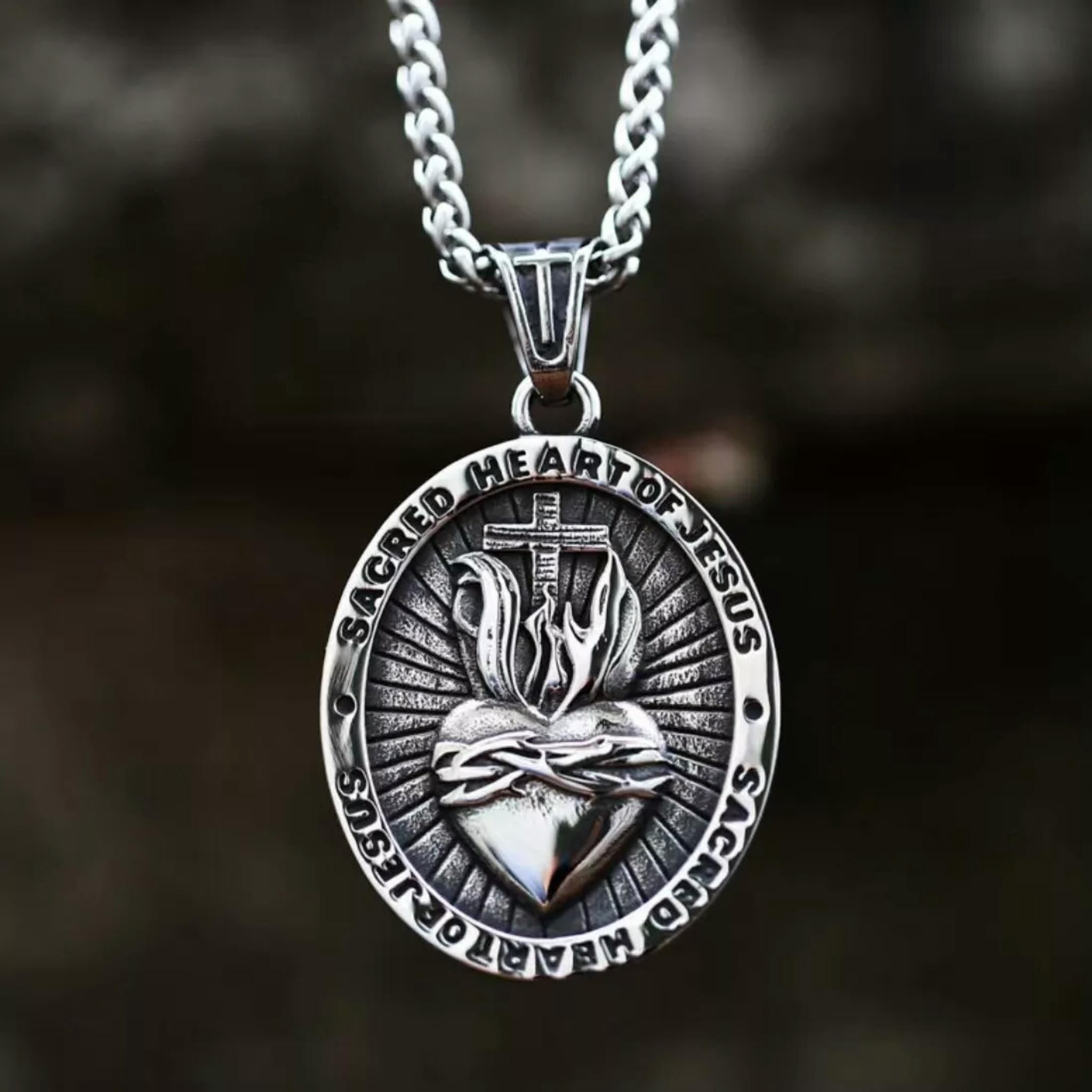 HOOUN Men Silver Sacred Heart of Jesus Pendant Lord's Prayer Necklace ...