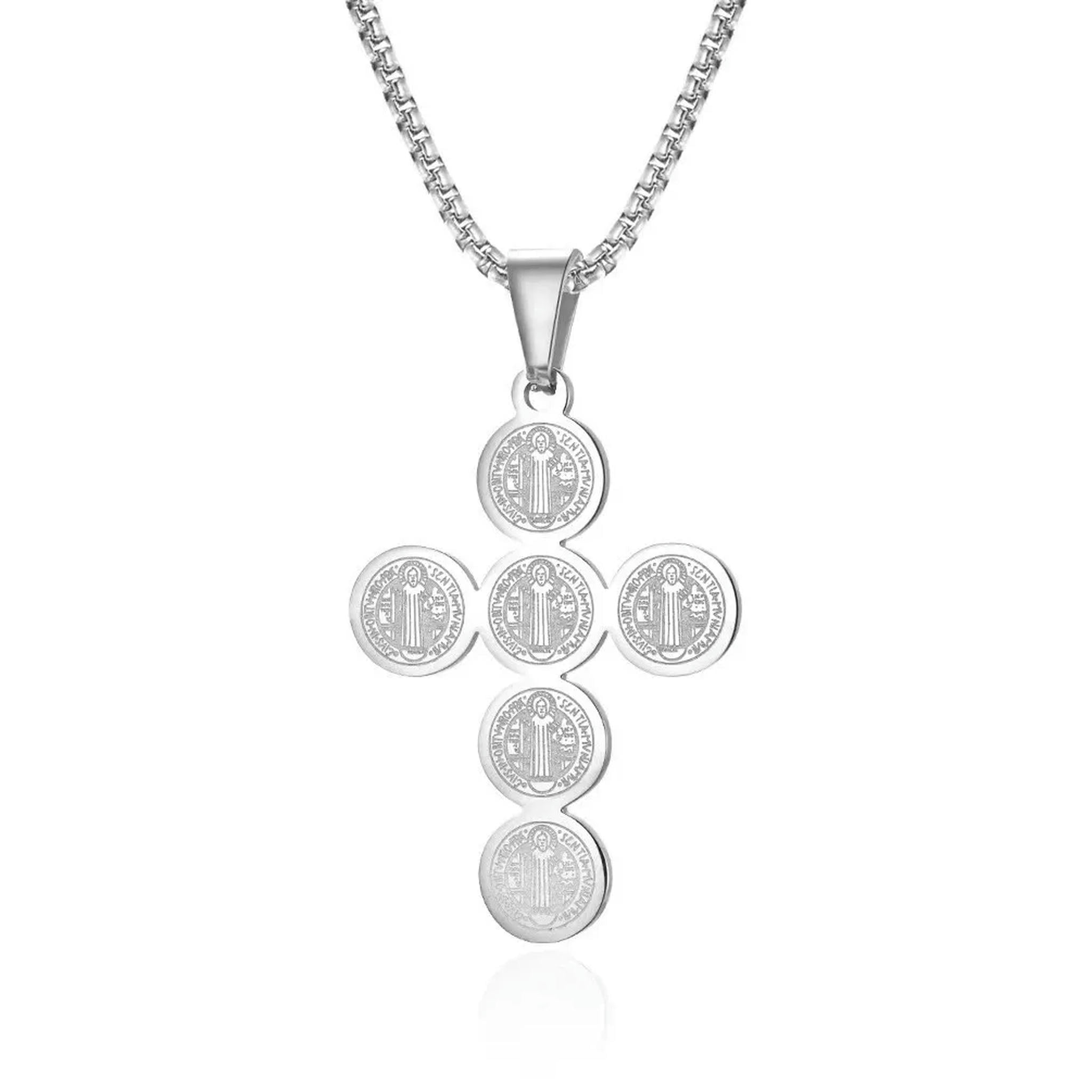 HOOUN Men Silver Saint Benedict Medal Cross Pendant Necklace Chain ...