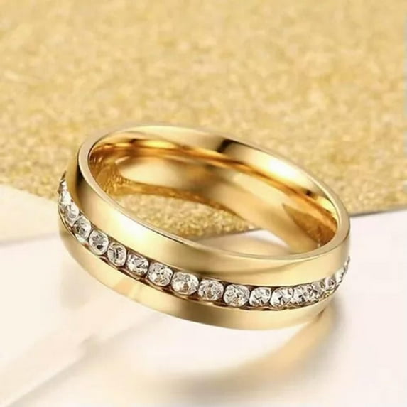 HOOUN Men Women Gold Cubic Zircon Crystal Wedding Band Ring Stainless Steel Jewelry-10