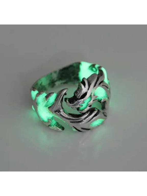 Men Women Luminous Dragon Ring Glowing In The Dark Open Band Finger Rings Gift-silver & green-8
