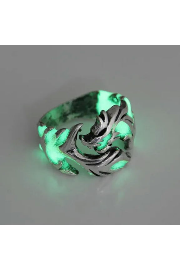 Men Women Luminous Dragon Ring Glowing In The Dark Open Band Finger Rings Gift-silver & green-9