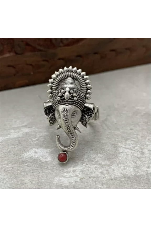 Men Women Retro Alloy Ethnic Festival Elephant Ring Exaggerated Animal Jewelry-Silver-9