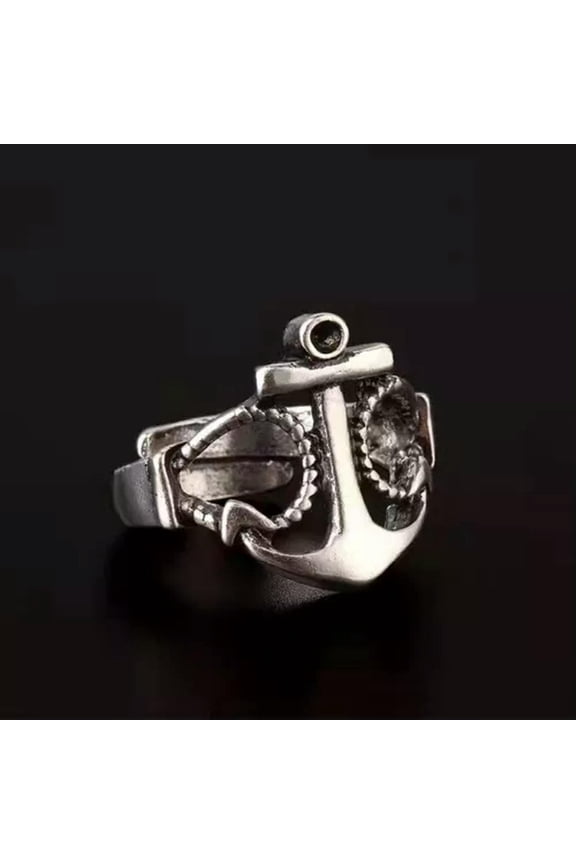 Men Women S925 Retro Punk Gothic Hip hop Open Ring Cross Animal Poker 0797-Navy Anchor