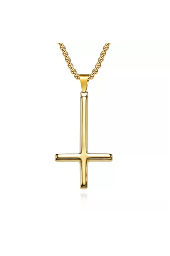 Men Women Upside Down Cross Pendant Prayer Necklace Stainless Steel Punk Jewelry-02#Gold Upside Down Cross