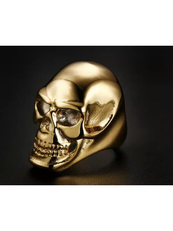 Men's 18K Gold Plated Skull Head Ring Stainless Steel Vintage Biker Skull Ring-13
