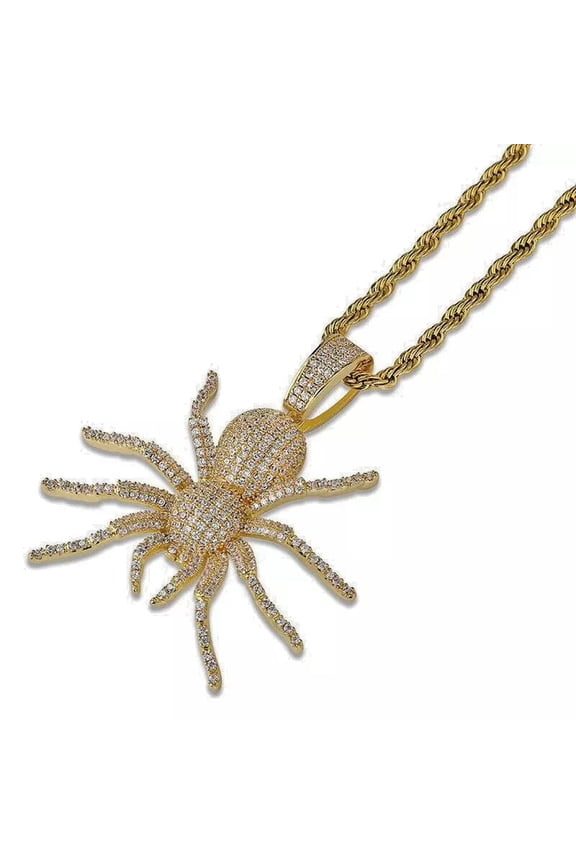 Men's Amulet 14k Gold Plated Rhinestone Spider Necklace Pendant W/Chain Jewelry
