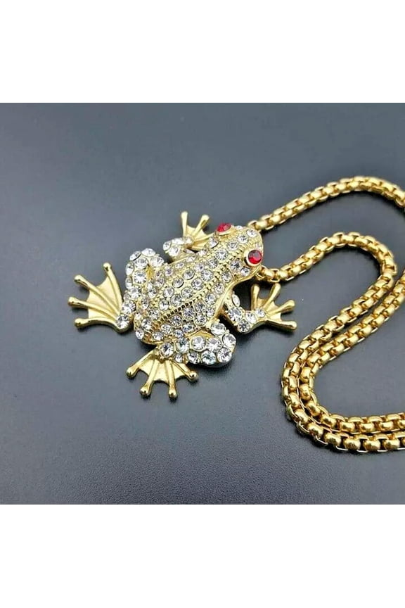Men's Amulet Gold Plated Rhinestone Frog Necklace Pendant Fashion Jewelry Chain