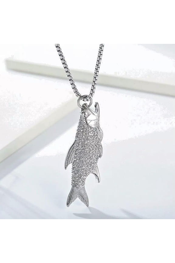 Men's Amulet Silver Rhinestone Fish Necklace Pendant Fashion Jewelry Chain