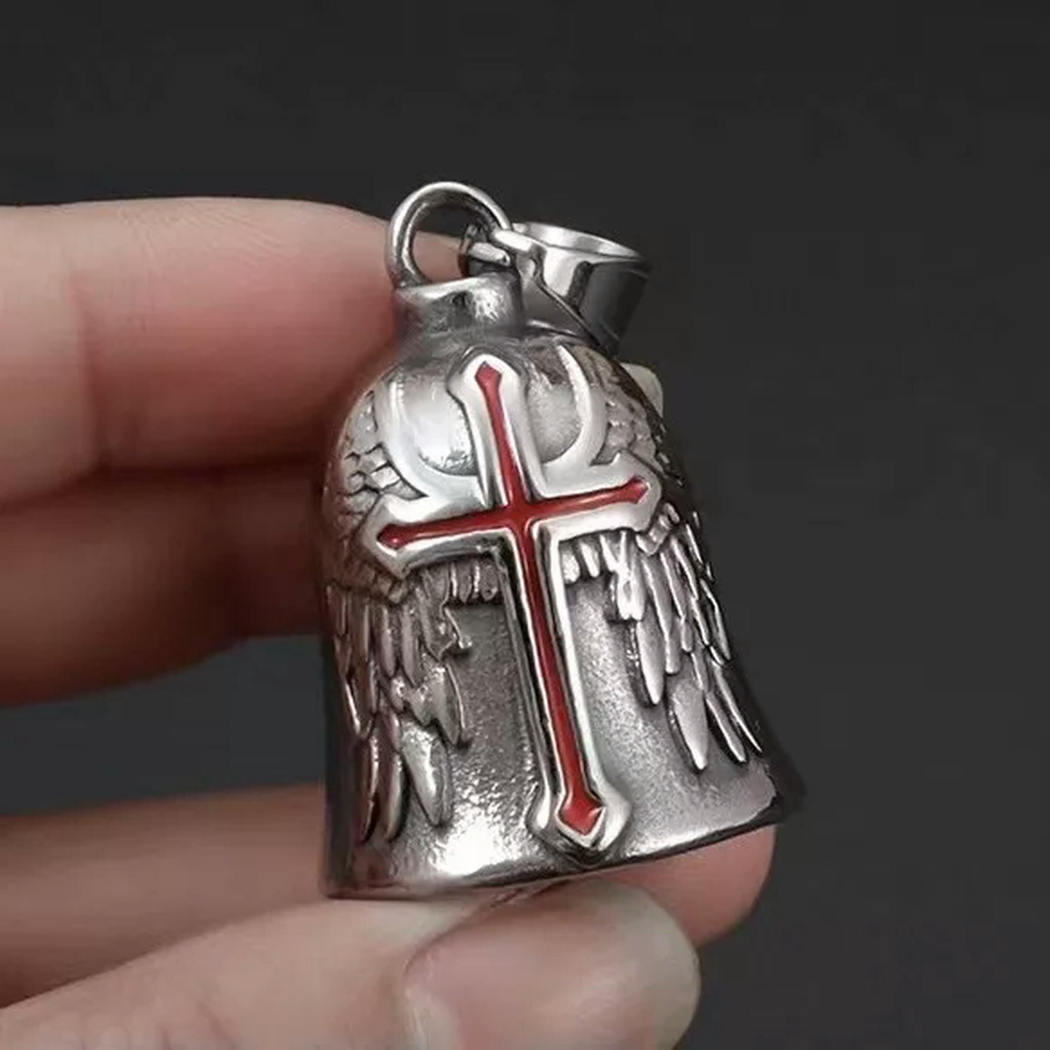 HOOUN Men's Angel Wings Red Cross Biker Gremlin Bell Motorcycle Pendant ...