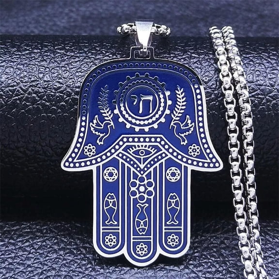 HOOUN Men's Buddhist Amulet Stainless Steel Blue Hand of Fatima Necklace Jewelry
