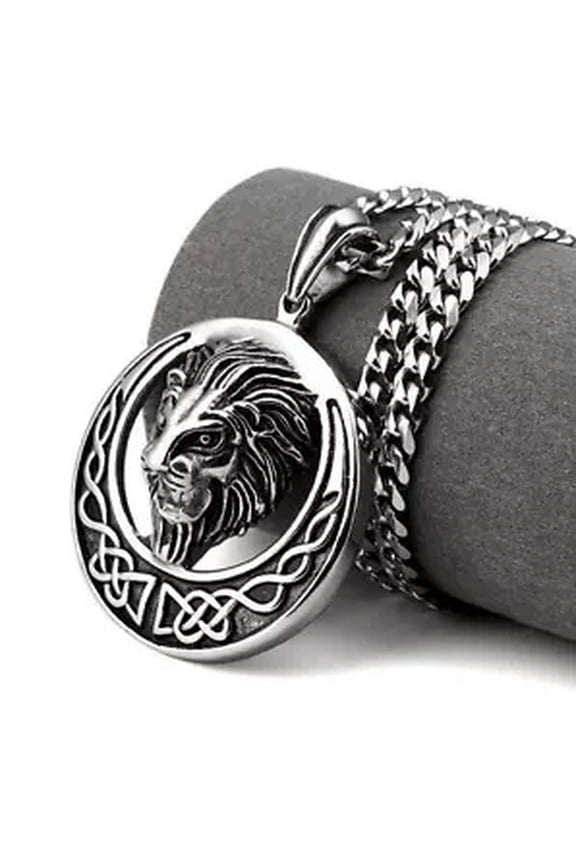 Men's Curb Link Chain Stainless steel Vintage Large Lion Pendant Necklace Heavy-5mm wide-20 inches