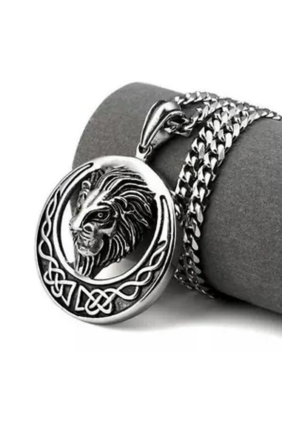 Men's Curb Link Chain Stainless steel Vintage Large Lion Pendant Necklace Heavy-5mm wide-32 inches
