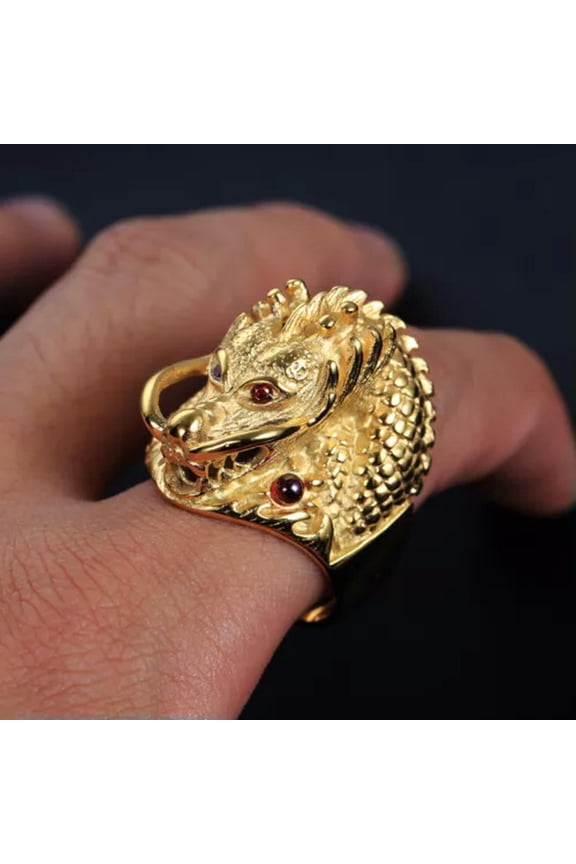 Men's Dragon Head Rings Stainless Steel Red CZ Eye Dragon Ring Haevy Biker Gold-12